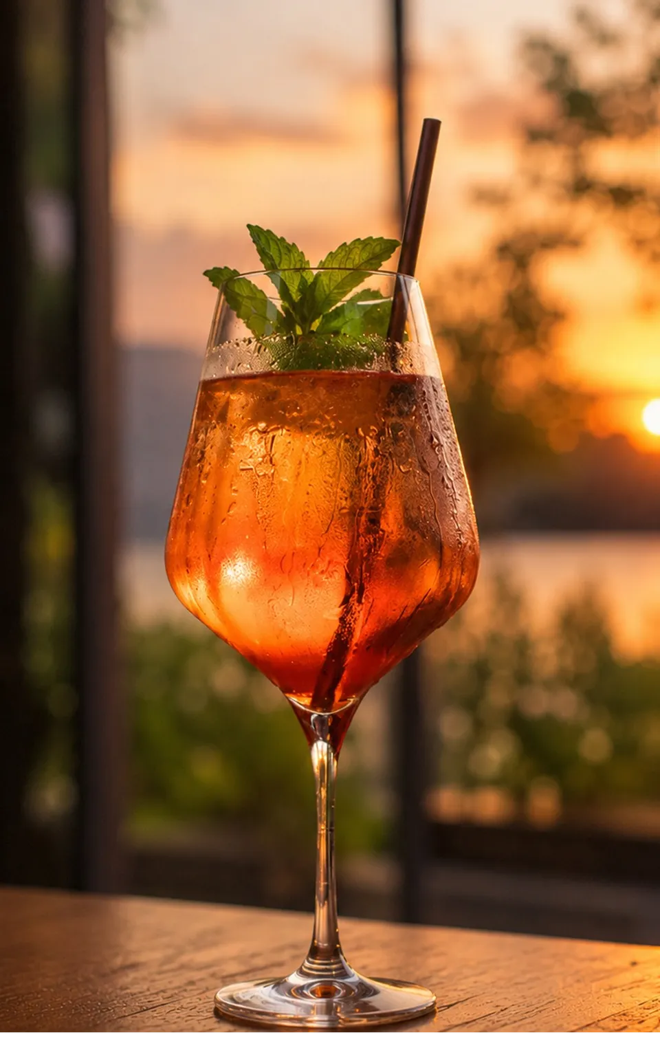 A glass of orange cocktail with a mint garnish and straw on a wooden table at sunset.